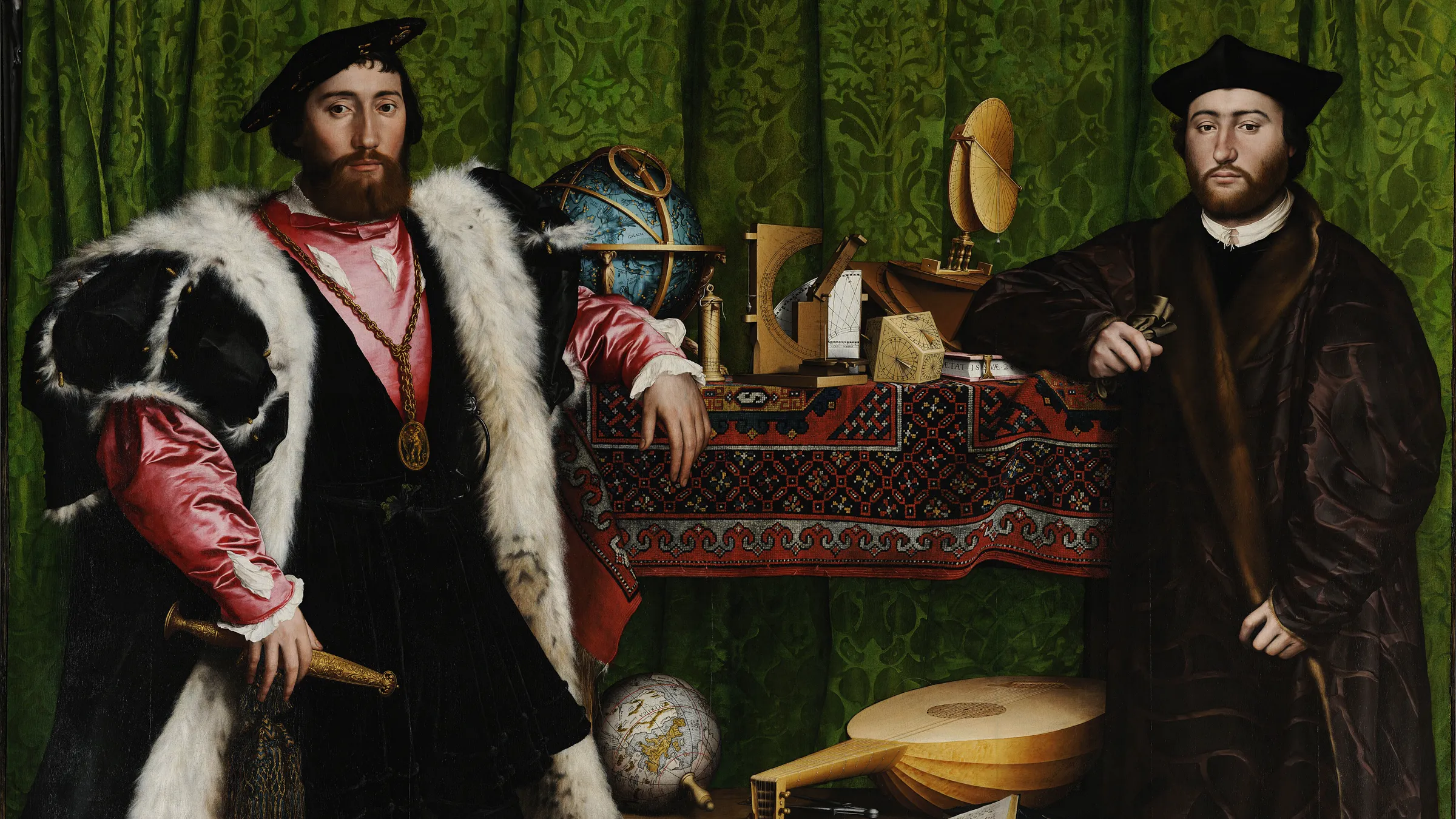 Hans Holbein the Younger, The Ambassadors, 1533: two men stand beside a table of globes and measuring instruments.