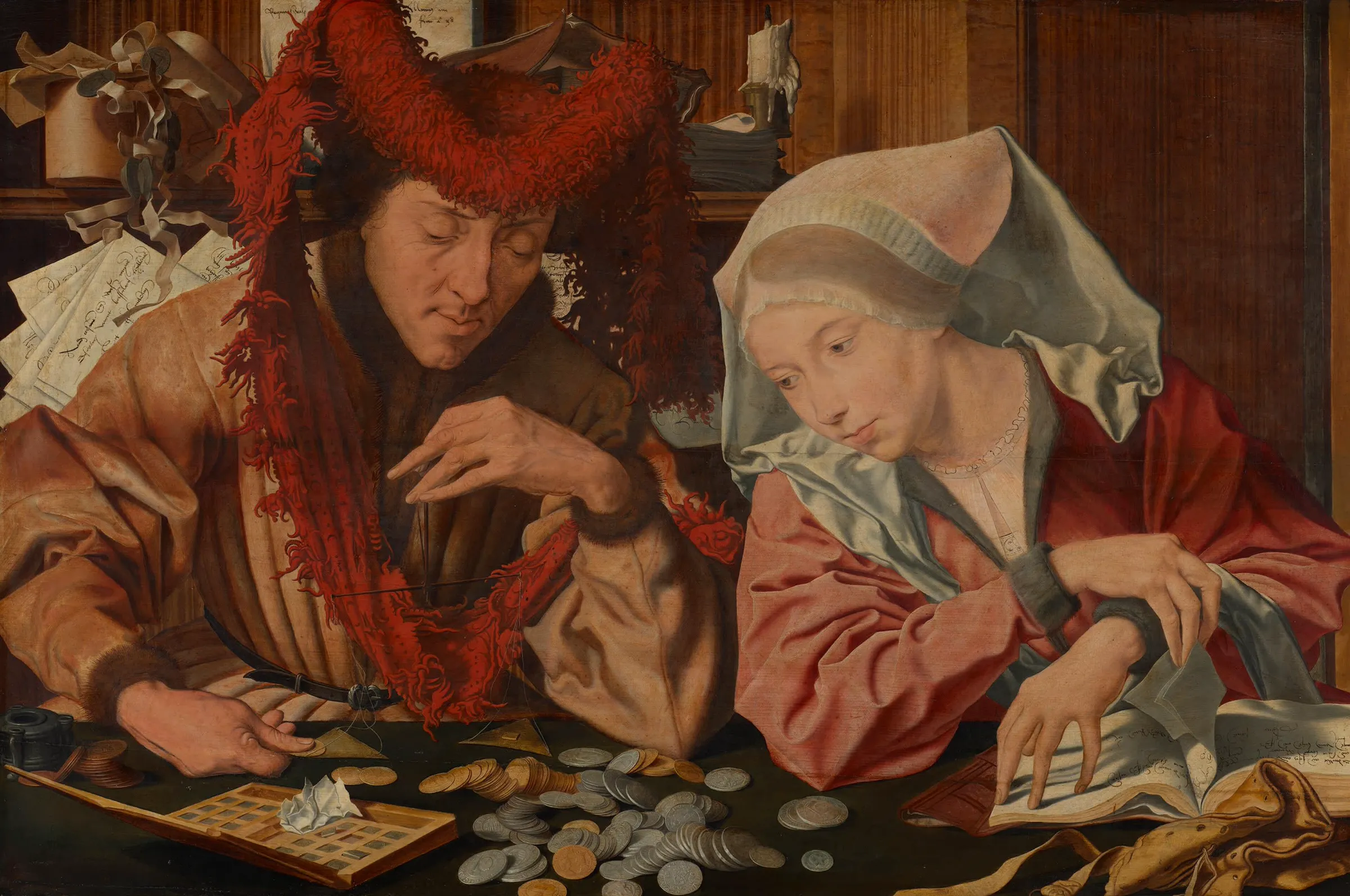 Marinus van Reymerswaele, A Moneychanger and His Wife, 1539: a moneychanger weighs coins while his wife keeps the ledger.