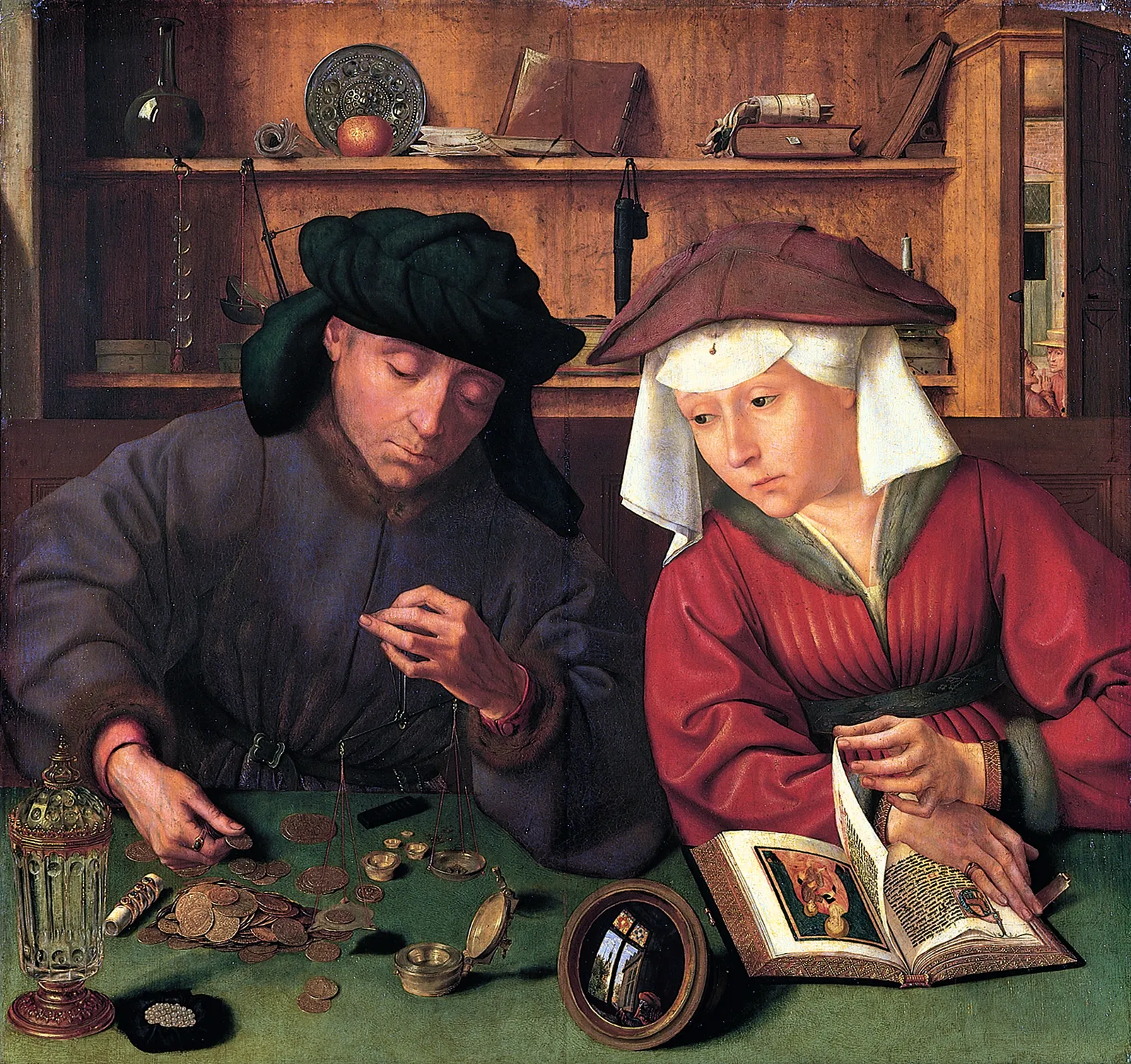 Quentin Matsys, The Moneylender and His Wife, 1514: a moneylender weighs coins on a small scale while his wife watches.